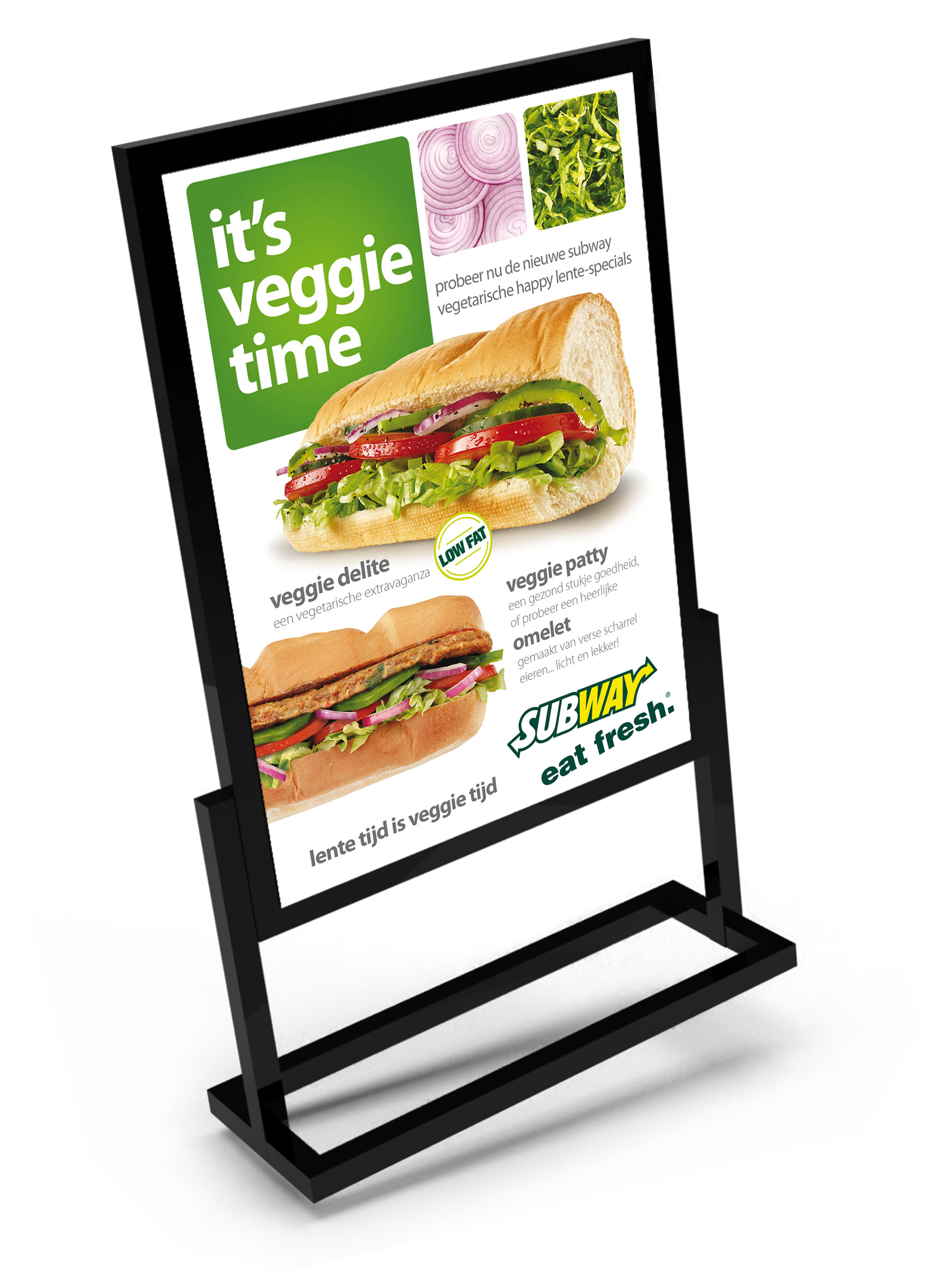 A Subway restaurant menu board featuring pictures and descriptions of veggie sandwiches, including a veggie delite and veggie patty, with a green theme emphasizing vegetarian options.