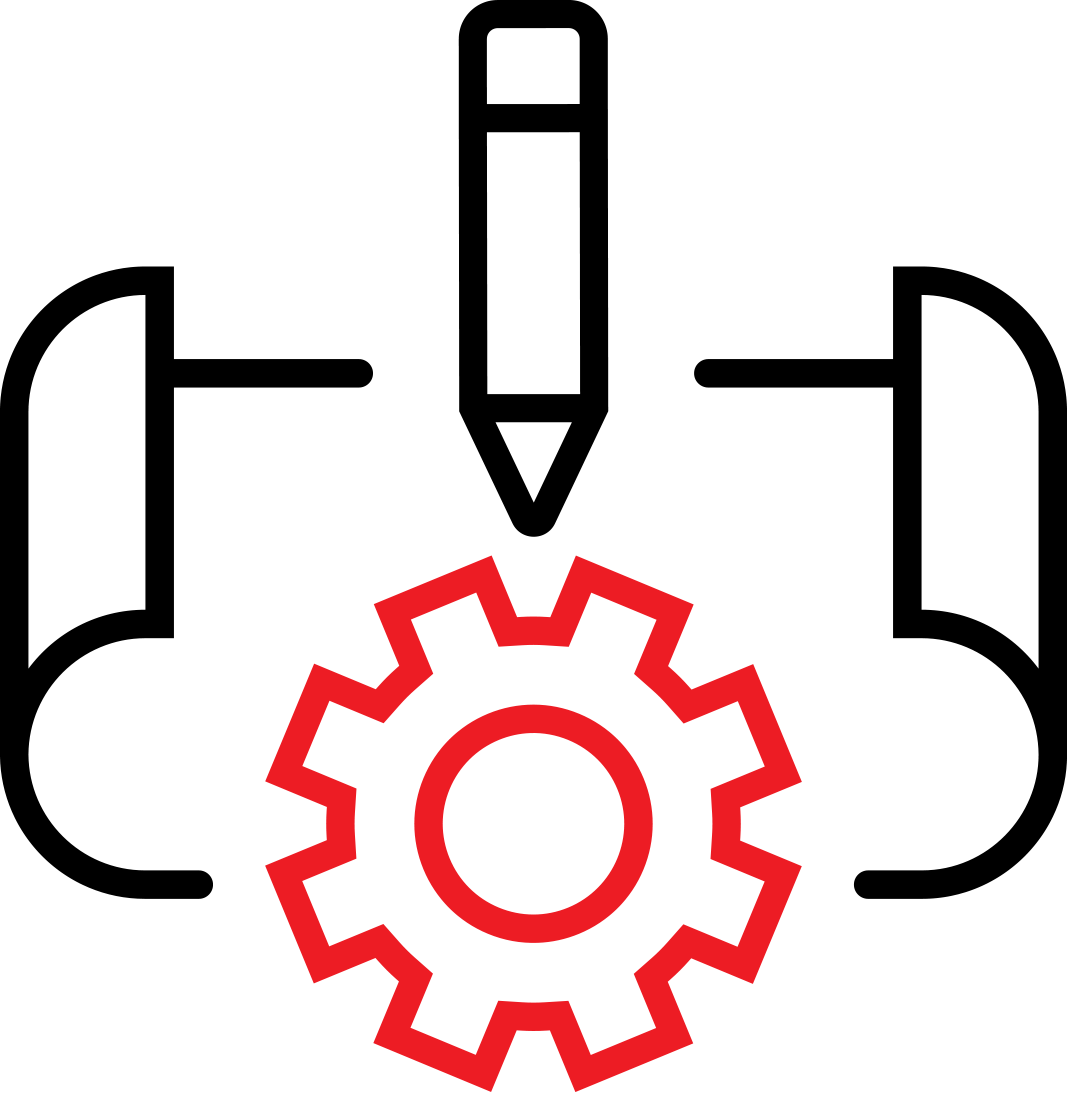 Black smartphone screen displaying a red gear icon.