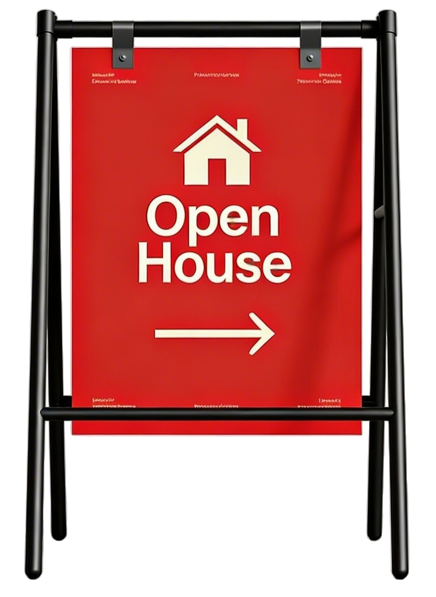 Red sign with white house icon and bold text reading 'Open House' with an arrow pointing to the right, indicating an open house event.