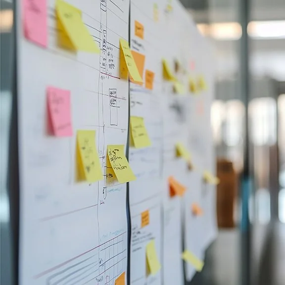 Whiteboard covered with colorful sticky notes and handwritten notes in a meeting room.