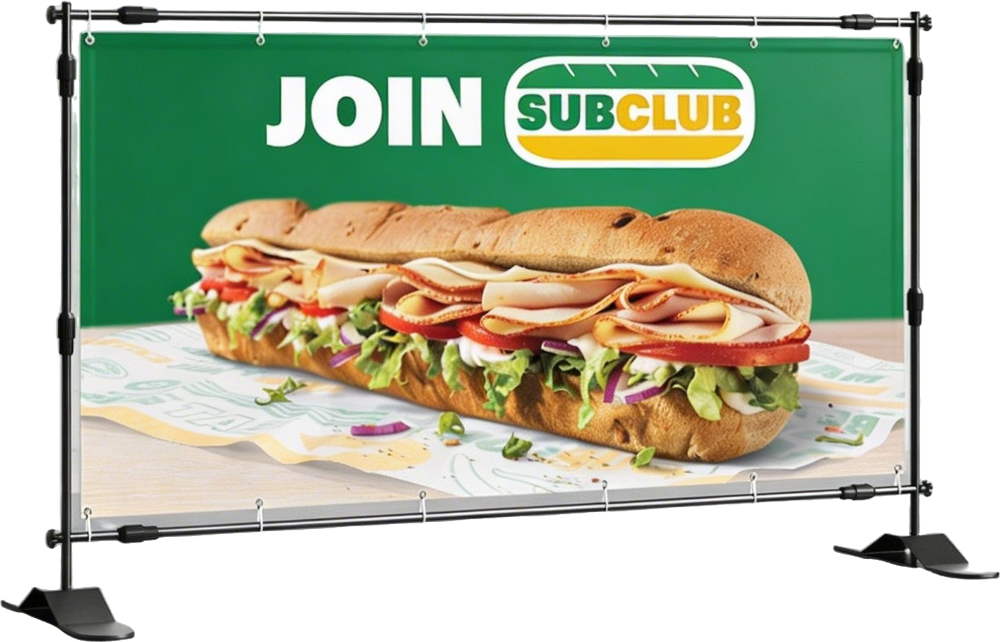 Sign promoting Subway's Subway Club sandwich, featuring a large image of a submarine sandwich filled with lettuce, tomato, turkey, ham, cheese, and a hoagie bun.