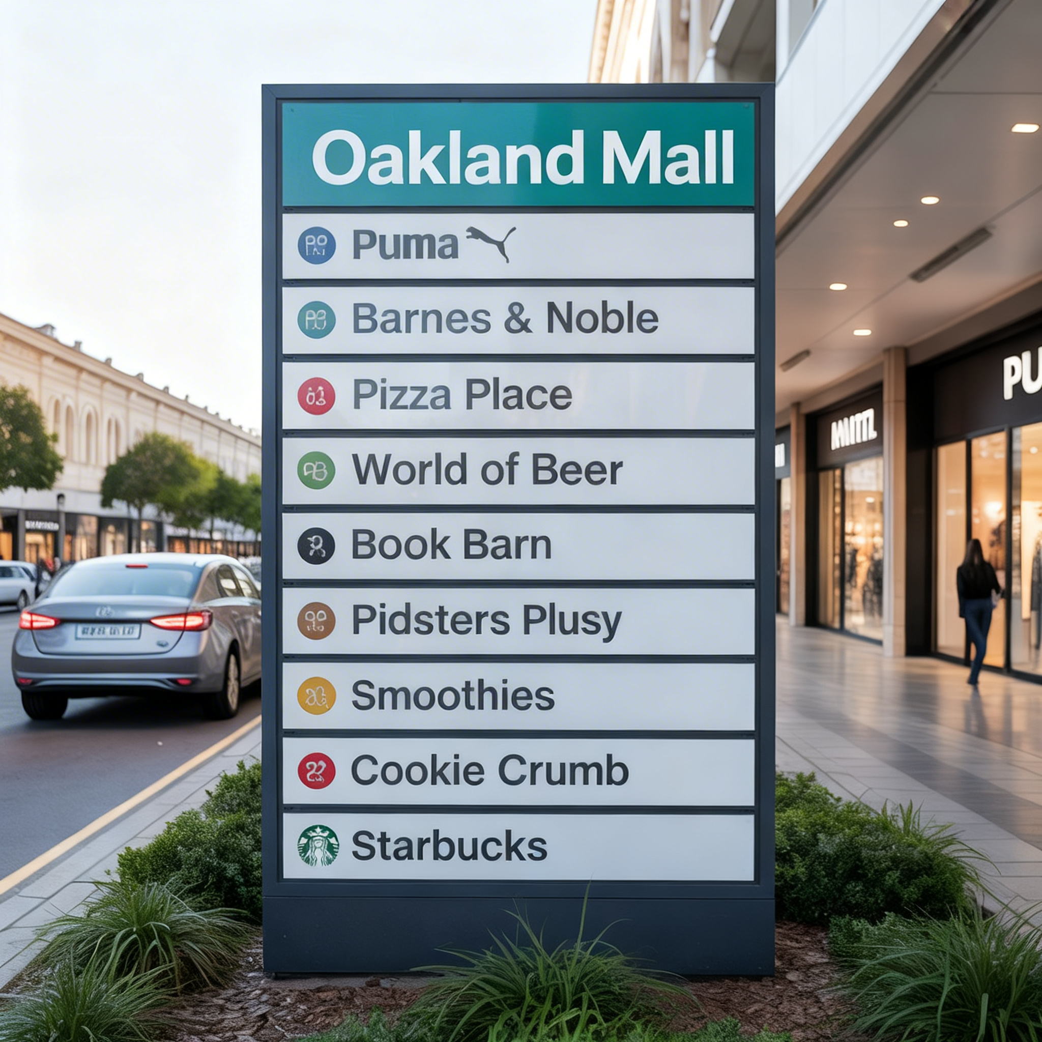 A digital directory sign outside Oakland Mall listing stores such as Puma, Barnes & Noble, Pizza Place, World of Beer, and Starbucks with cars parked and a shopping center building in the background.