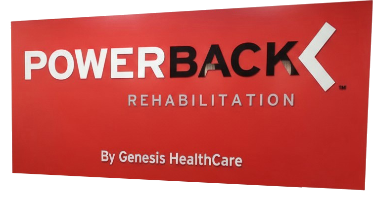 Red signage with white and black text reading "PowerBack Rehabilitation by Genesis HealthCare."