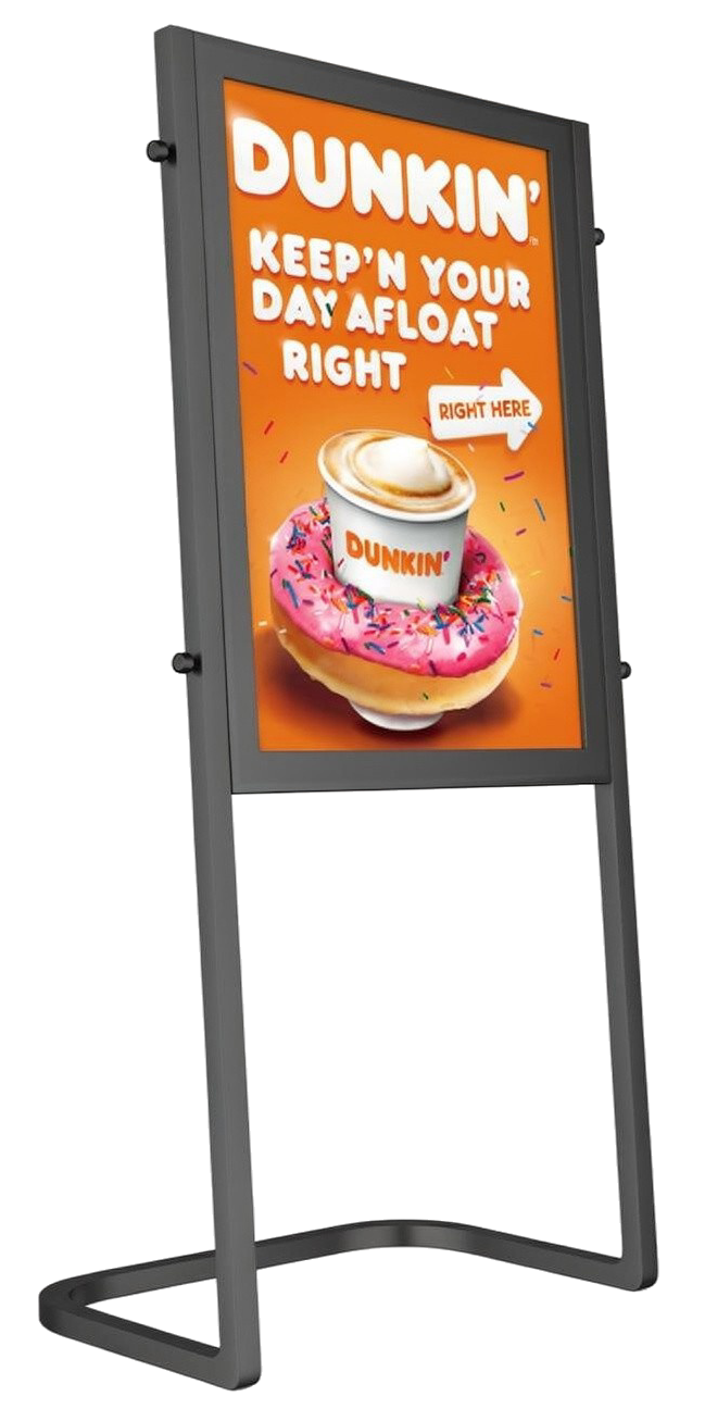 A Dunkin' sign advertising a coffee and donut with pink frosting and colorful sprinkles, featuring a sign that says 'Right Here' with an arrow.