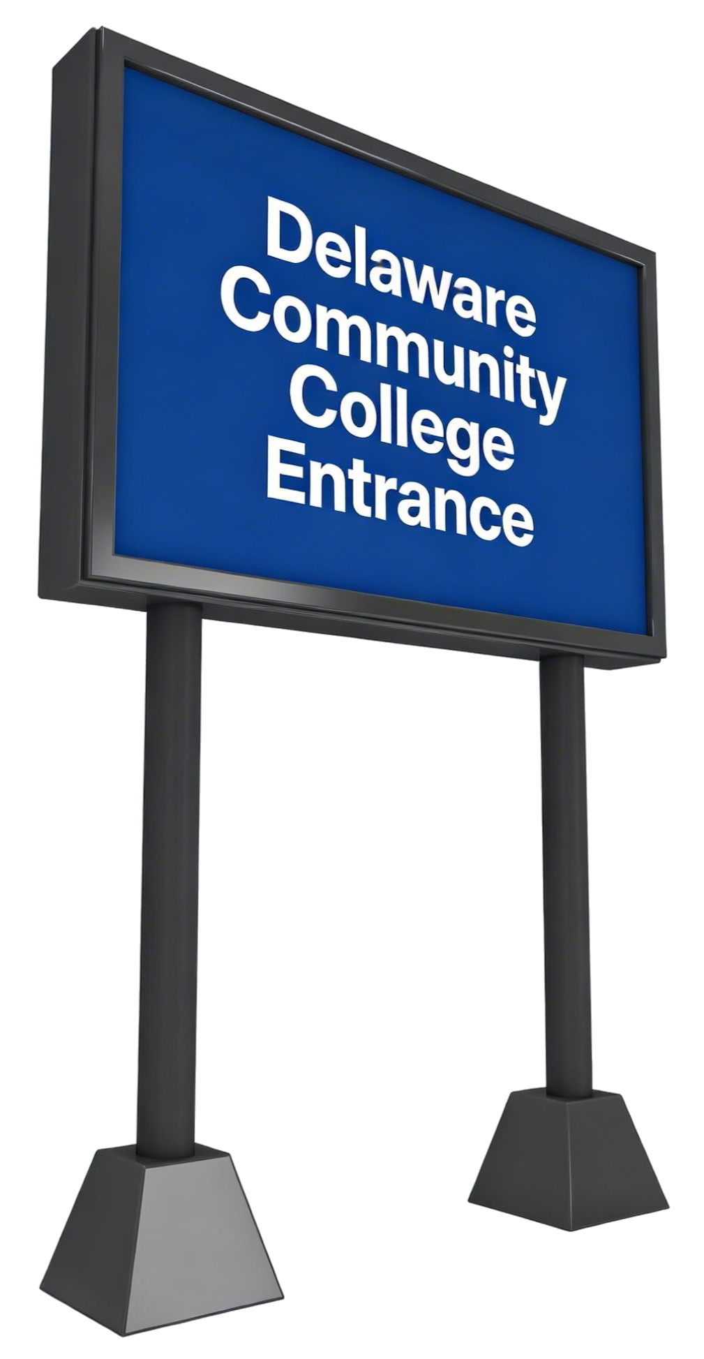 Signboard with blue background and white text that reads 'Delaware Community College Entrance'