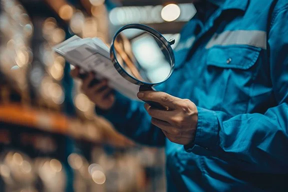 Person in blue uniform holding a magnifying glass and a clipboard, inspecting products in a store.