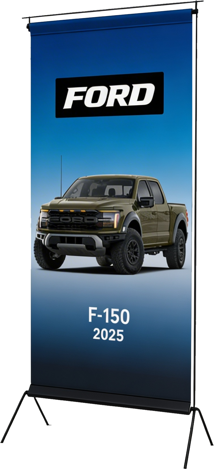 A Ford advertisement display featuring the latest Ford F-150 truck model for 2025, with an image of an olive-green pickup truck against a blue background and the Ford logo at the top.