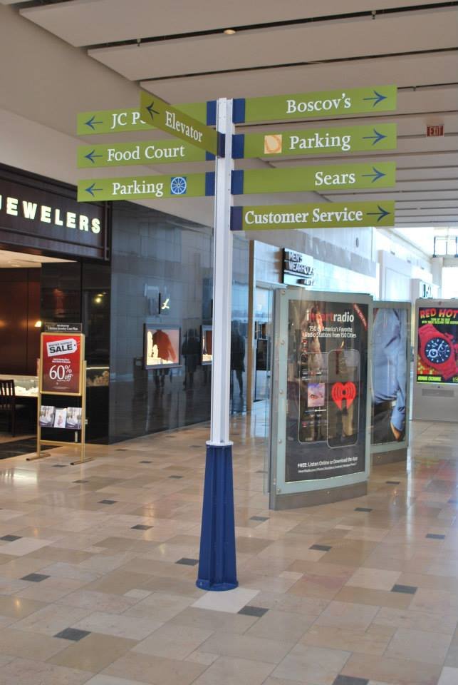 Directional signpost inside a shopping mall indicating directions to JC Penney, Boscov's, food court, parking, Sears, elevator, and customer service.