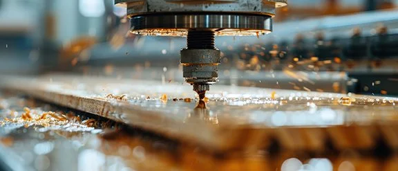 Close-up of a CNC machine cutting metal with sparks flying.