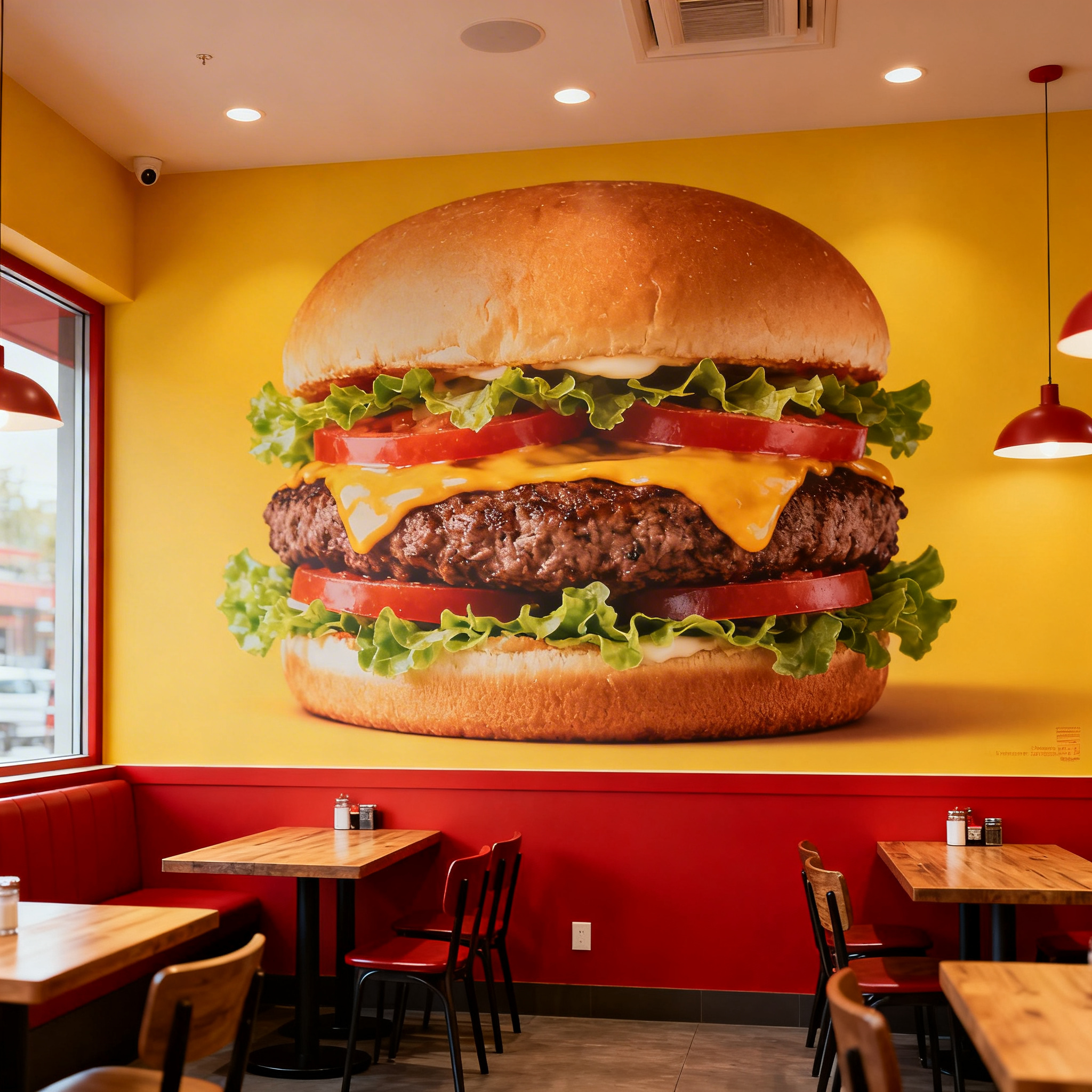 Interior of a restaurant with yellow walls, wooden tables, chairs, and a large mural of a hamburger with lettuce, tomato, cheese, and a beef patty on the wall.