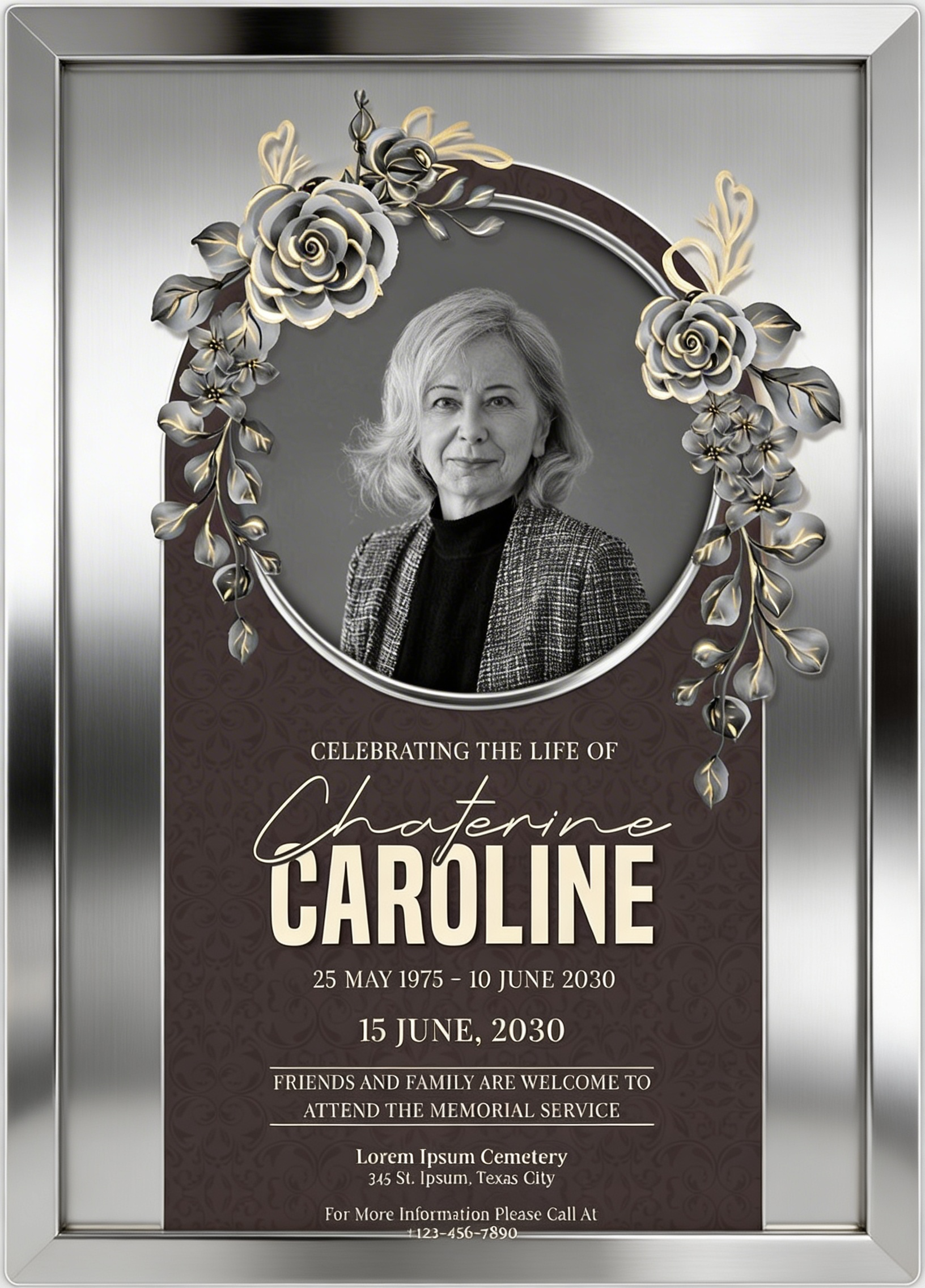 Memorial poster for Caroline, featuring her portrait and floral decorations. The poster includes her birth and death dates, 25 May 1975 to 10 June 2030, and details for a memorial service on June 15, 2030, at Lorem Ipsum Cemetery, 345 St. Ipsum, Texas City, with a contact number.