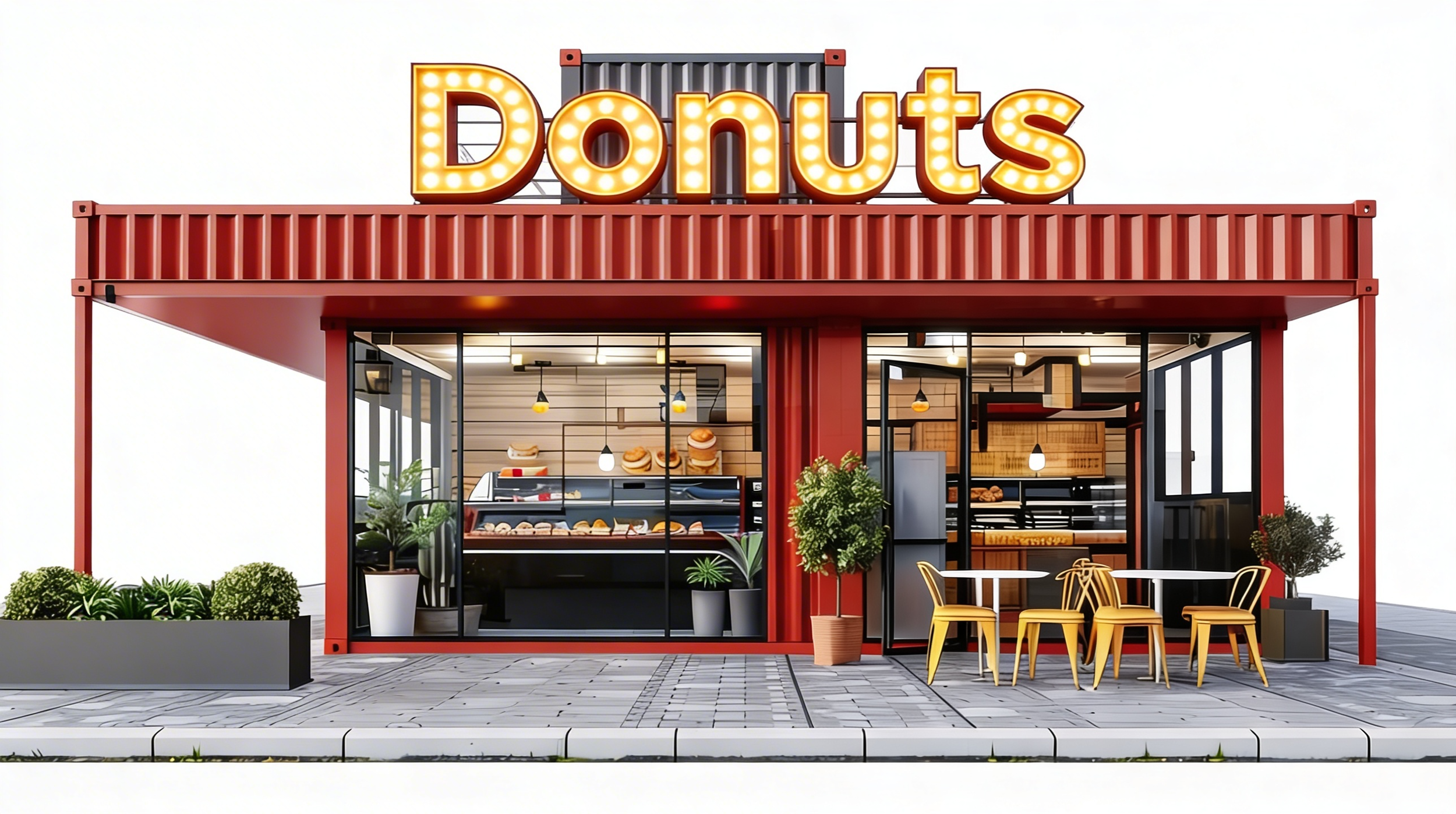 A modern donut shop with a bright illuminated sign reading 'Donuts' on top. The shop has large glass windows displaying donuts inside and outdoor seating with several yellow chairs and small tables.