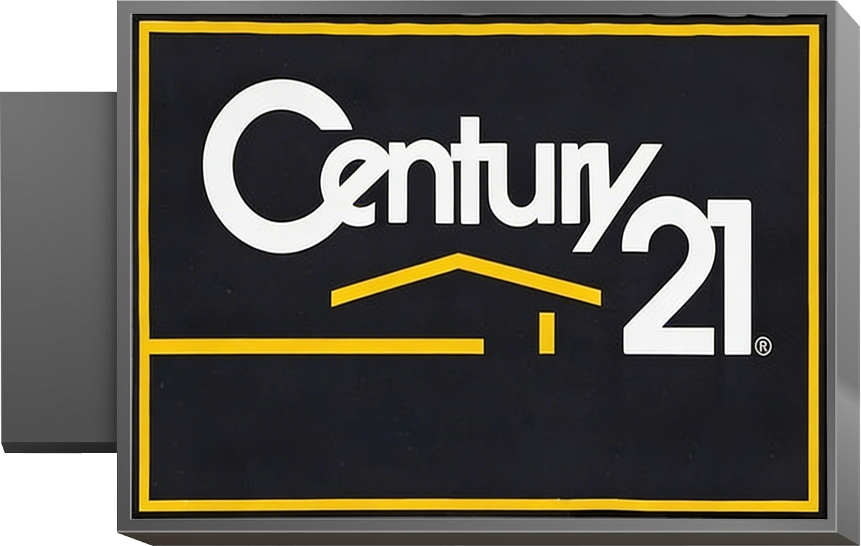 Century 21 real estate sign with black background, yellow border, and white and yellow text.