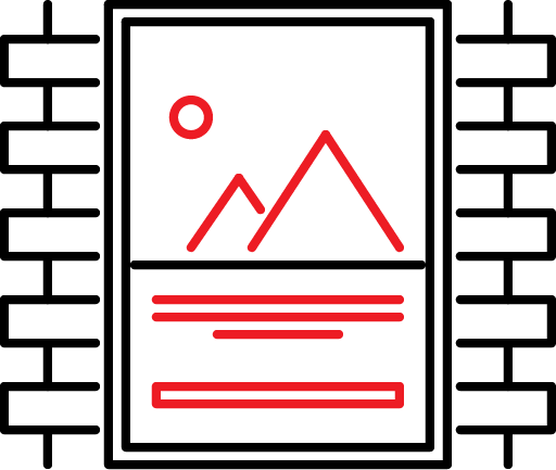 Stylized red line art of a mountain landscape with a sun above, horizontal lines representing ground or water, and a rectangle at the bottom.