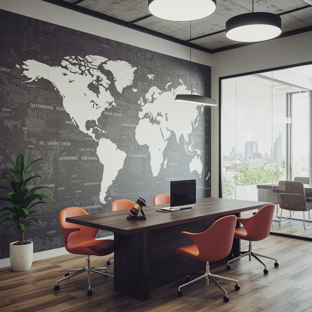 Modern conference room with a large world map mural on the wall, a wooden table with four orange chairs, a small monitor, and a gavel. Floor-to-ceiling windows with a city view.