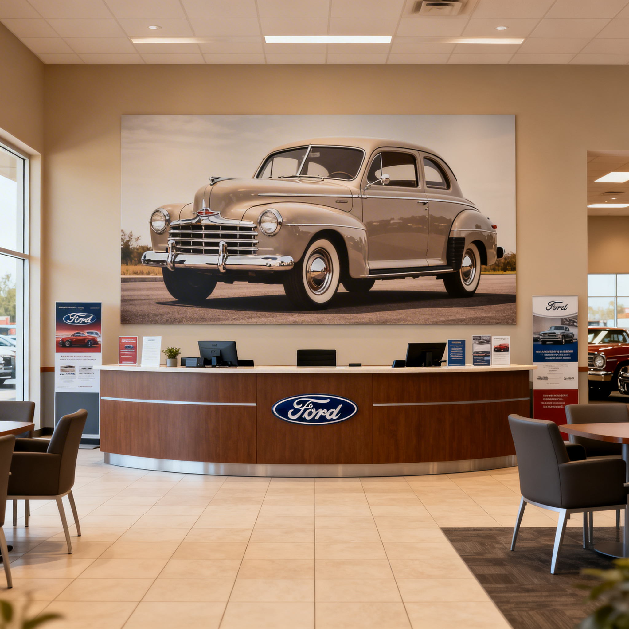 Interior of a car dealership showroom with a large vintage Ford car poster on the wall, a reception desk with the Ford logo, chairs, and informational browsing material.