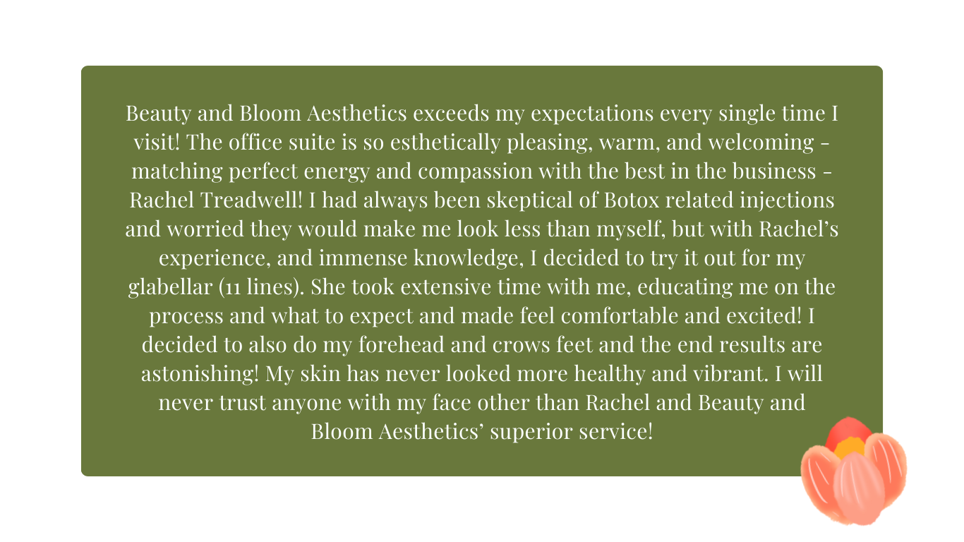 A green background with a testimonial about Beauty and Bloom Aesthetics in white text at the center. A small illustration of peach-colored flowers is at the bottom right corner.