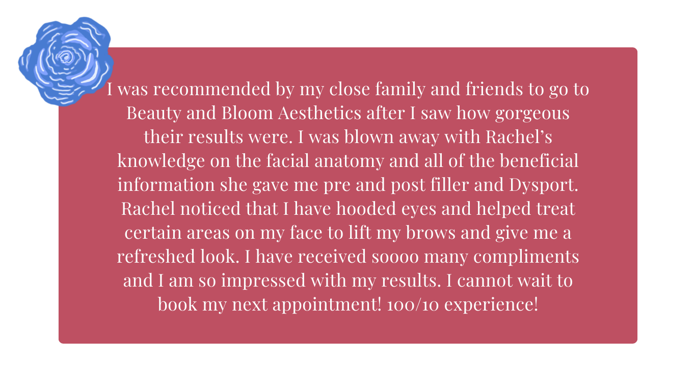 A framed testimonial or review with a blue floral decoration in the top left corner, featuring a dark pink background and white text praising Beauty and Bloom Aesthetics.