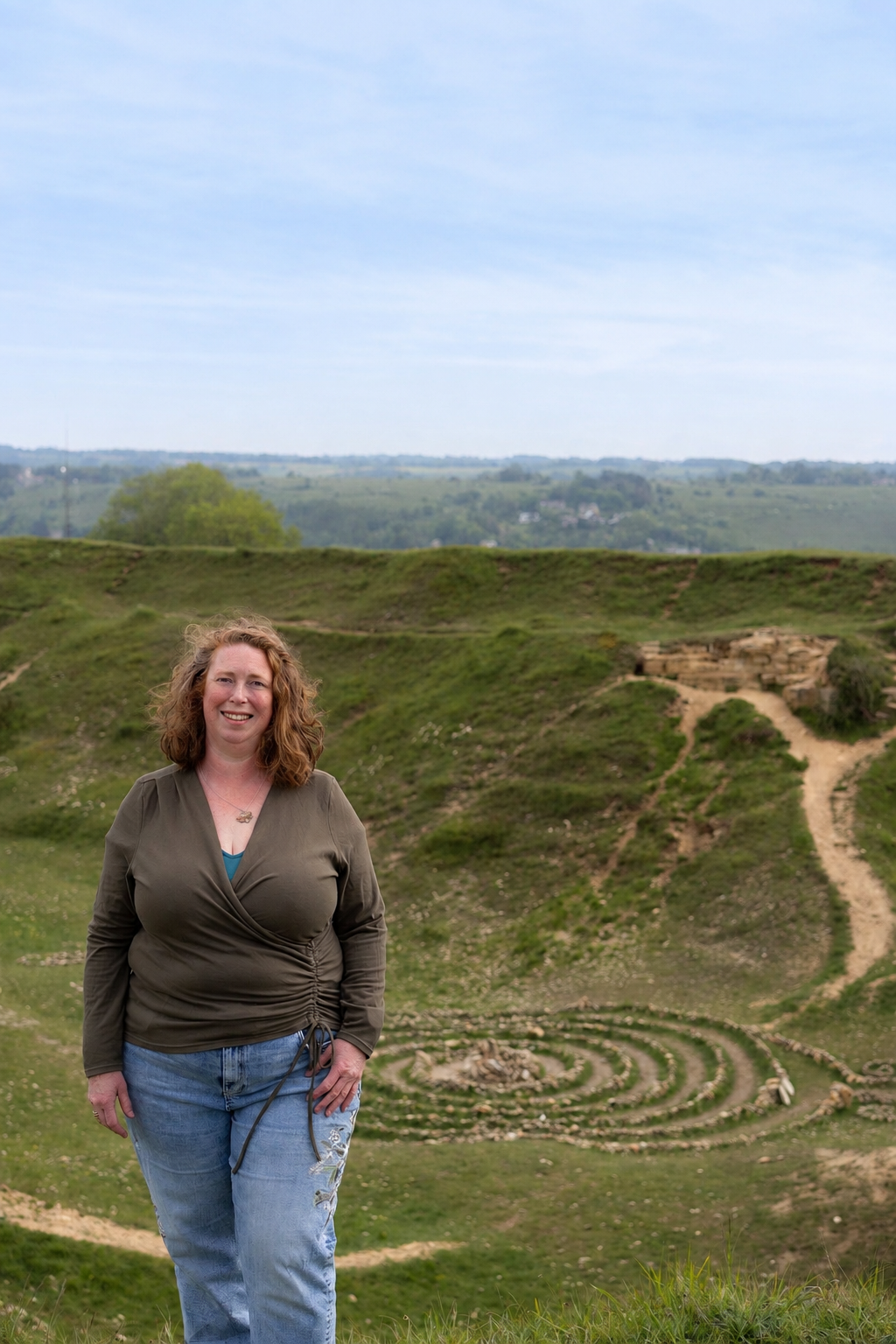 Rachel Fox standing on a hillside in front of a maze