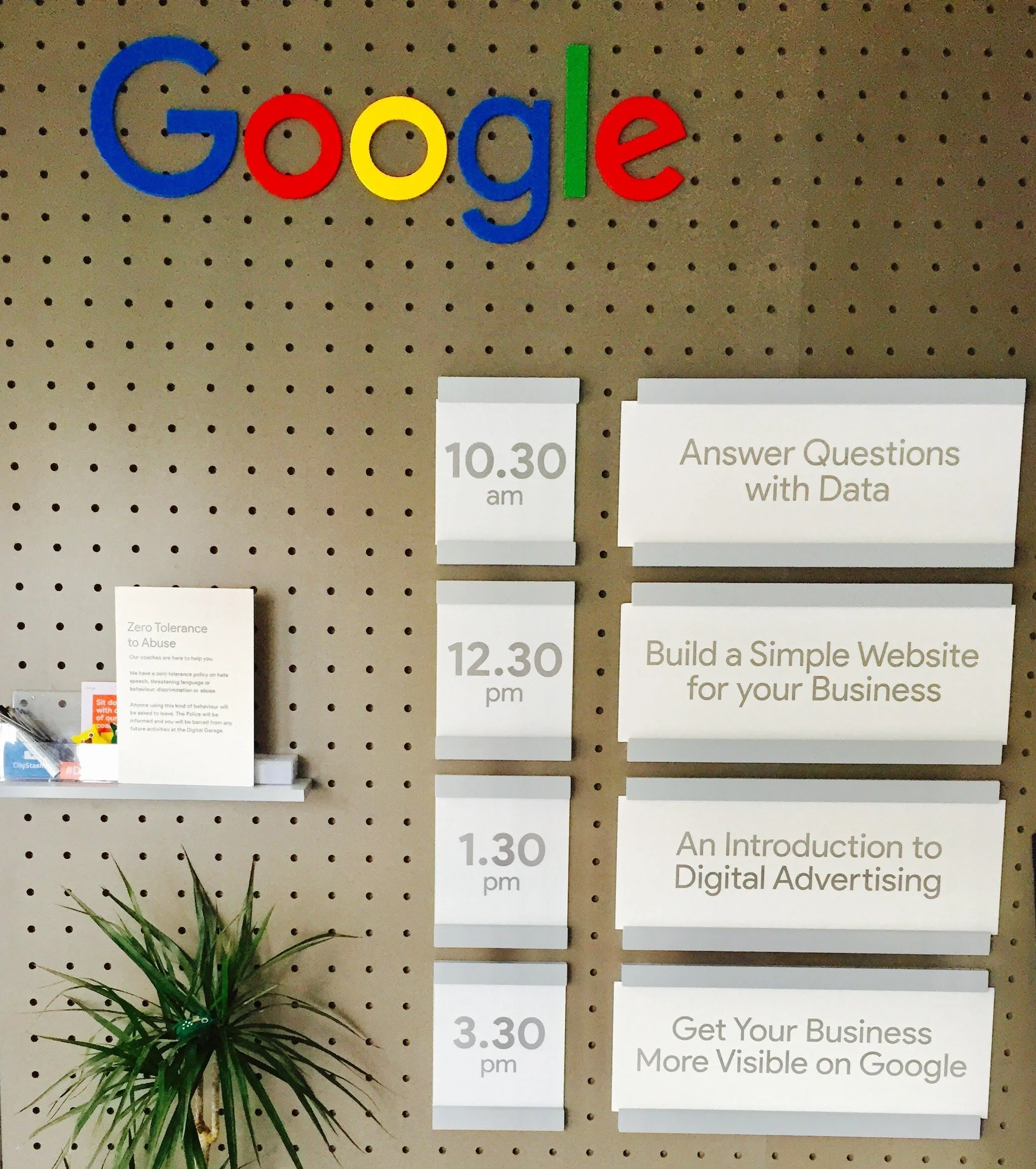 Sheffield Google Digital Garage signage showing the courses on offer including Start Your Own Business