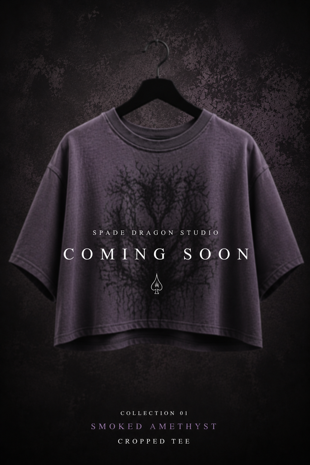 Gray cropped T-shirt with black smoky amethyst and tree design, hanging on a black hanger against a dark textured background, promoting the upcoming release from Spade Dragon Studio.