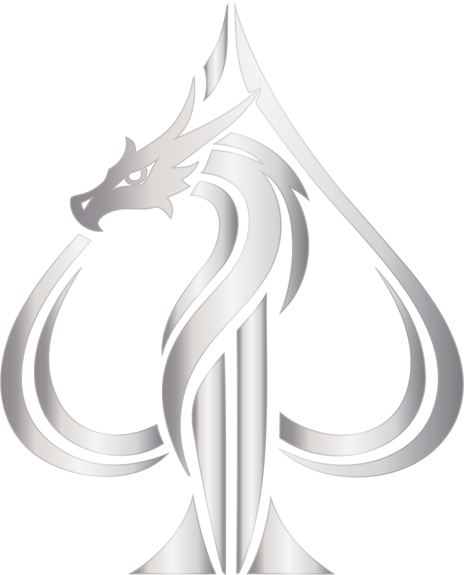 Stylized silver and white emblem of a dragon head and wings with a pointed peak, on a black background.