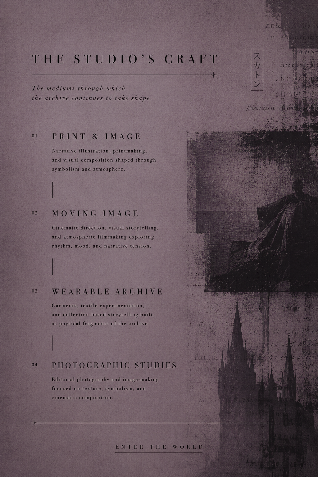 A poster titled 'The Studio's Craft' describing various mediums such as print and image, moving image, wearable archive, and photographic studies, with artistic elements including a silhouette of a person and a cityscape in a muted color palette.