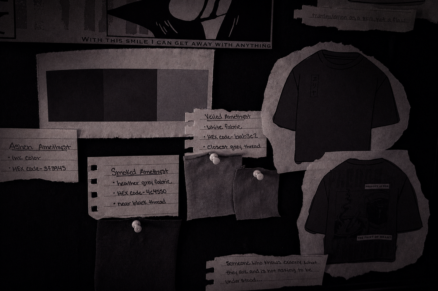 A dark board with various notes, fabric swatches, and drawings pinned to it. Notes include descriptions of amethyst types and HEX color codes. Drawings depict t-shirts with designs and texts.