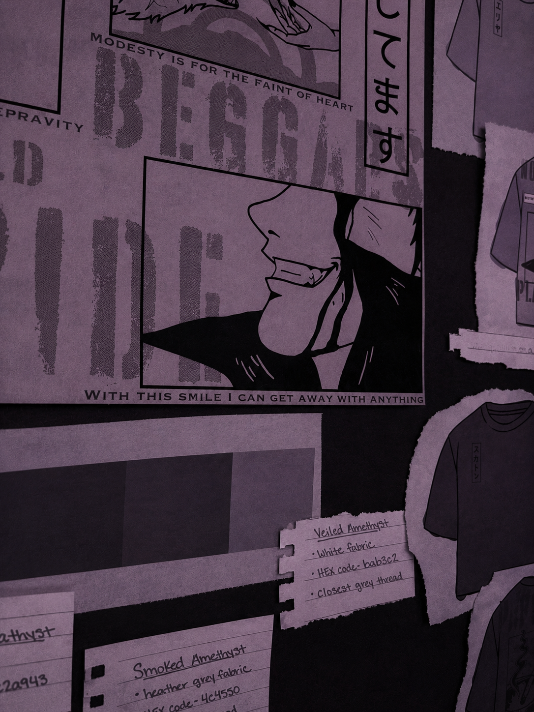 A comic style drawing of a smiling person with a hand raised to the forehead, wearing a hat. Text overlays the image that reads, 'With this smile I can get away with anything.' Several notes and papers are visible around the drawing.