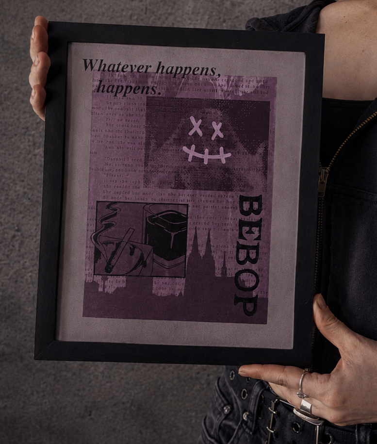 A person holding a framed collage with the quote "Whatever happens, happens." and the word "BEBOP" vertically, a stylized smiling face, a glass with a cigarette, and a city skyline in purple and black tones.