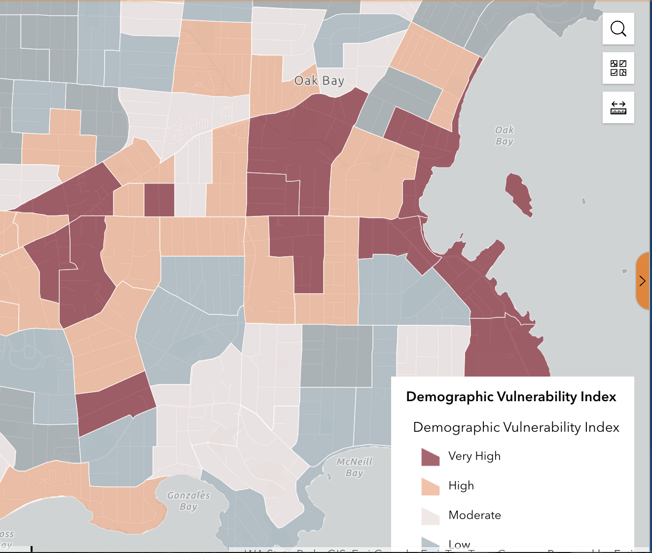 a map showing pink and red and grey areas in Oak Bay. Read is for the most vulnerable demographics in Oak Bay.
