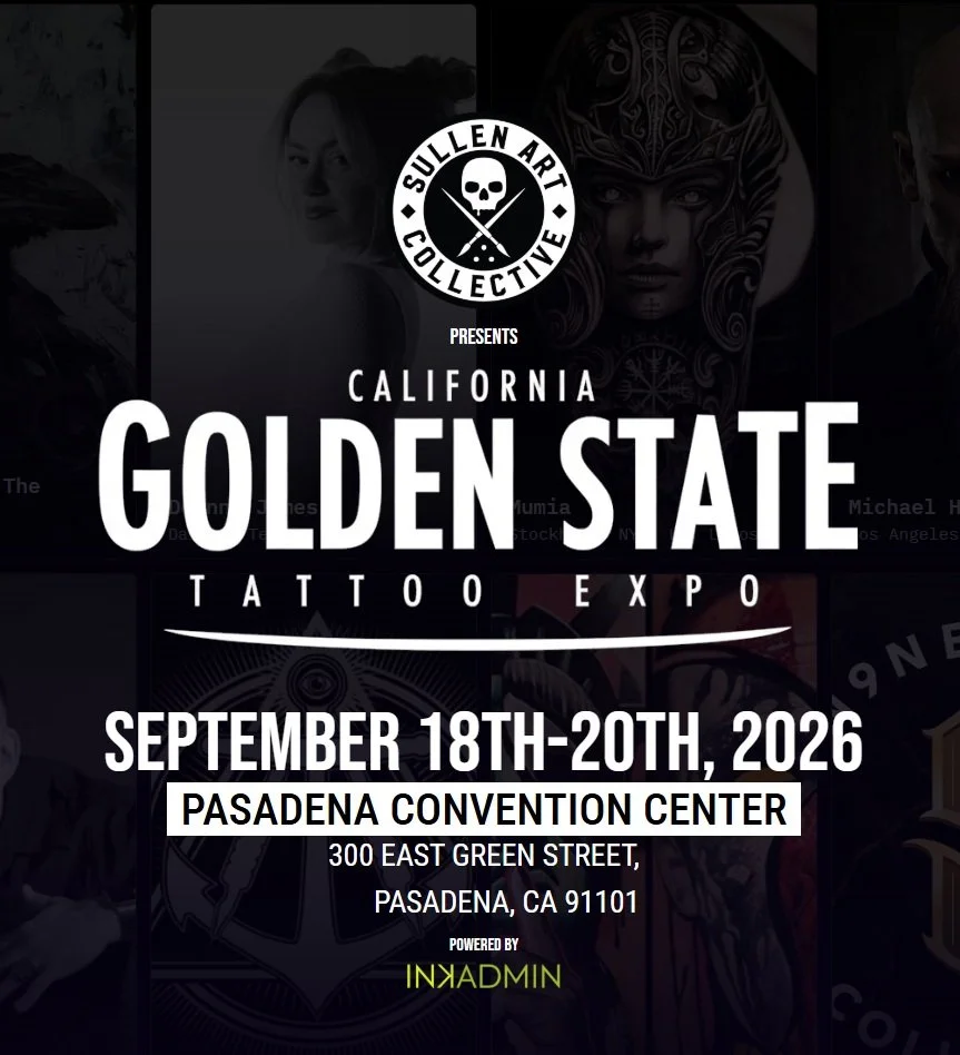 Poster for the California Golden State Tattoo Expo, presented by Sullen Art Collective, scheduled for September 18-20, 2026, at the Pasadena Convention Center, 300 East Green Street, Pasadena, California.