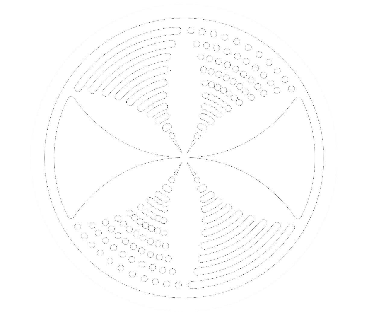 Black and white circular abstract geometric design with symmetrical patterns that resemble stylized leaves or wings.