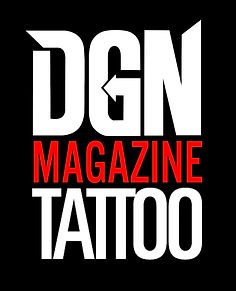 DGN Magazine Tattoo logo with bold white and red text on black background