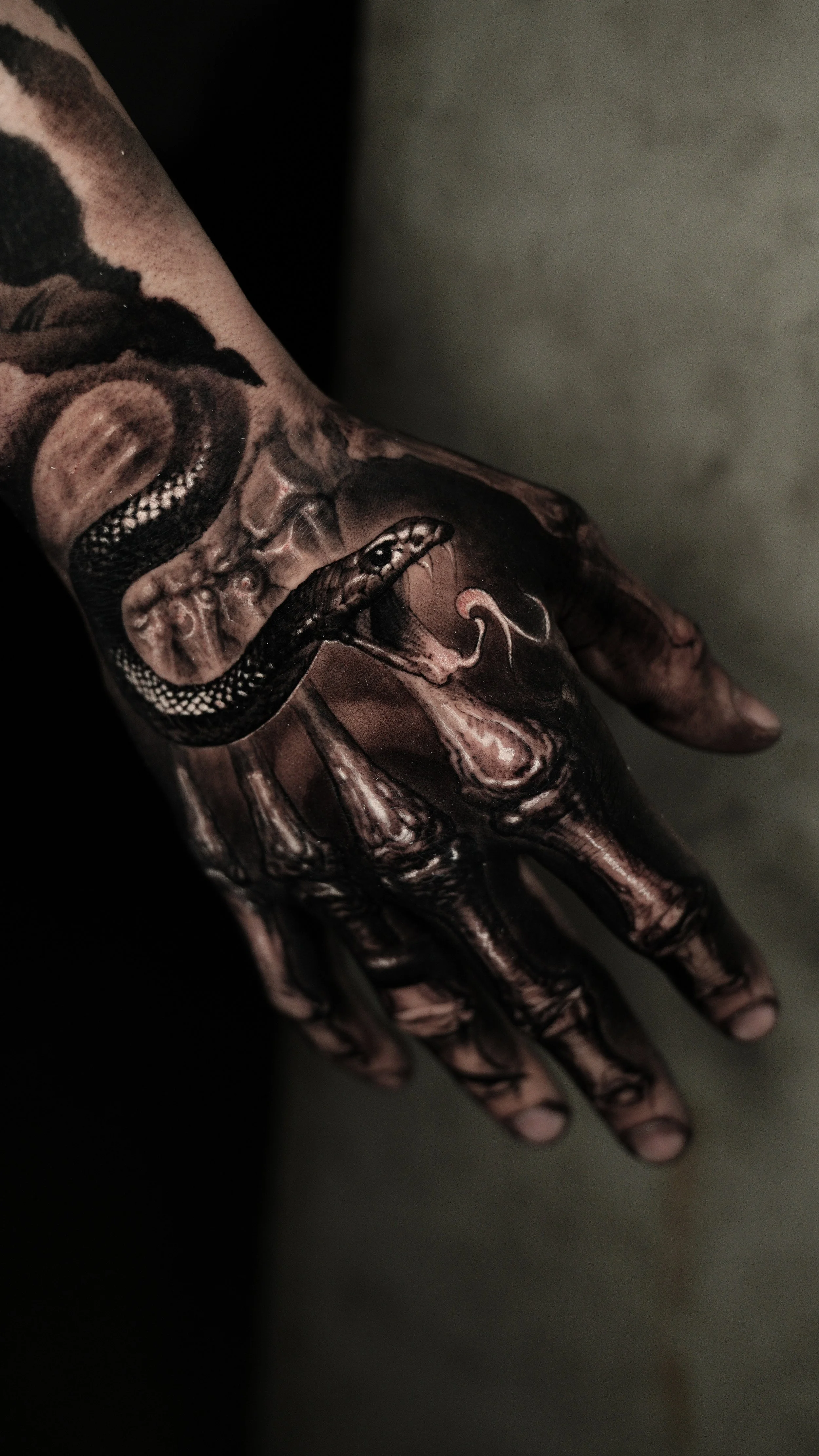 A person's hand covered in detailed black and gray tattoo artwork, including a snake, lips, and abstract patterns.