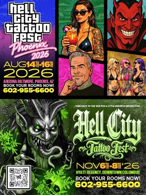 Poster for Hell City Tattoo Fest 2026. The event takes place from August 14-16, 2026, in Phoenix, Arizona, at the Arizona Biltmore. The poster features cartoon-style artwork of a woman with sunglasses and tattoos, a devil character, and a man with gray hair. There's also an illustration of a menacing, horned creature with glowing green eyes. The event includes tattooing and fun activities, with a QR code and a phone number (602-955-6600) to book rooms or more info.