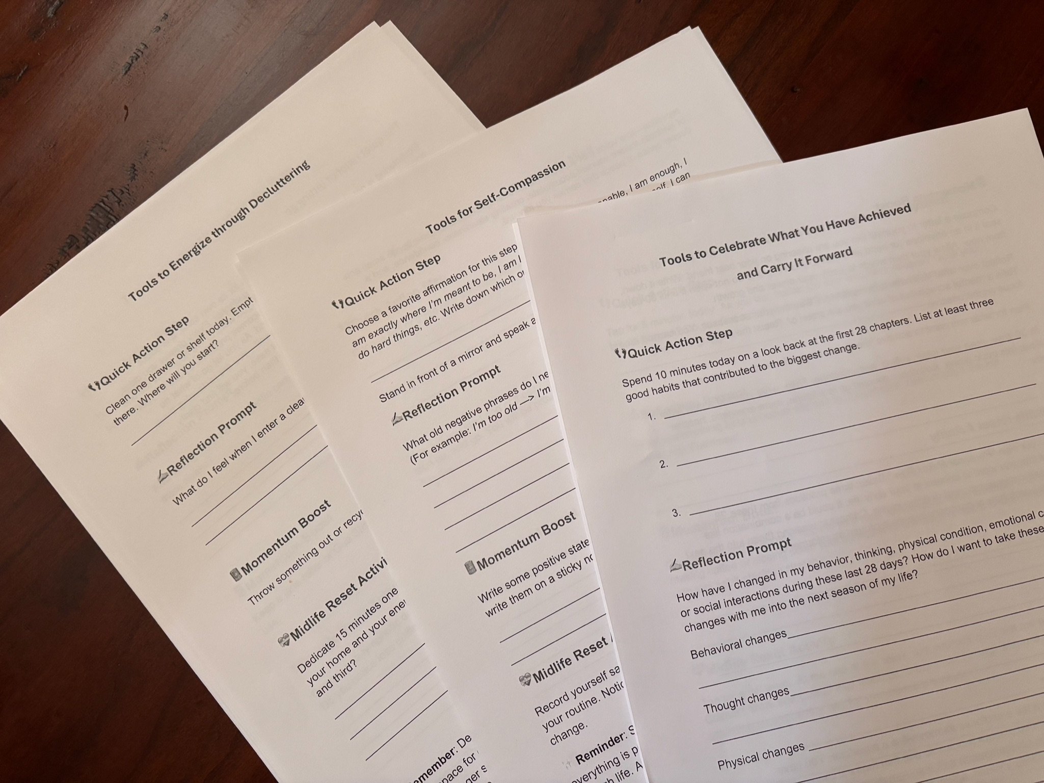 Three sheets of printed worksheets with prompts and instructions for self-improvement activities for Dr Wendy Jordanov's online Zoom sessions.