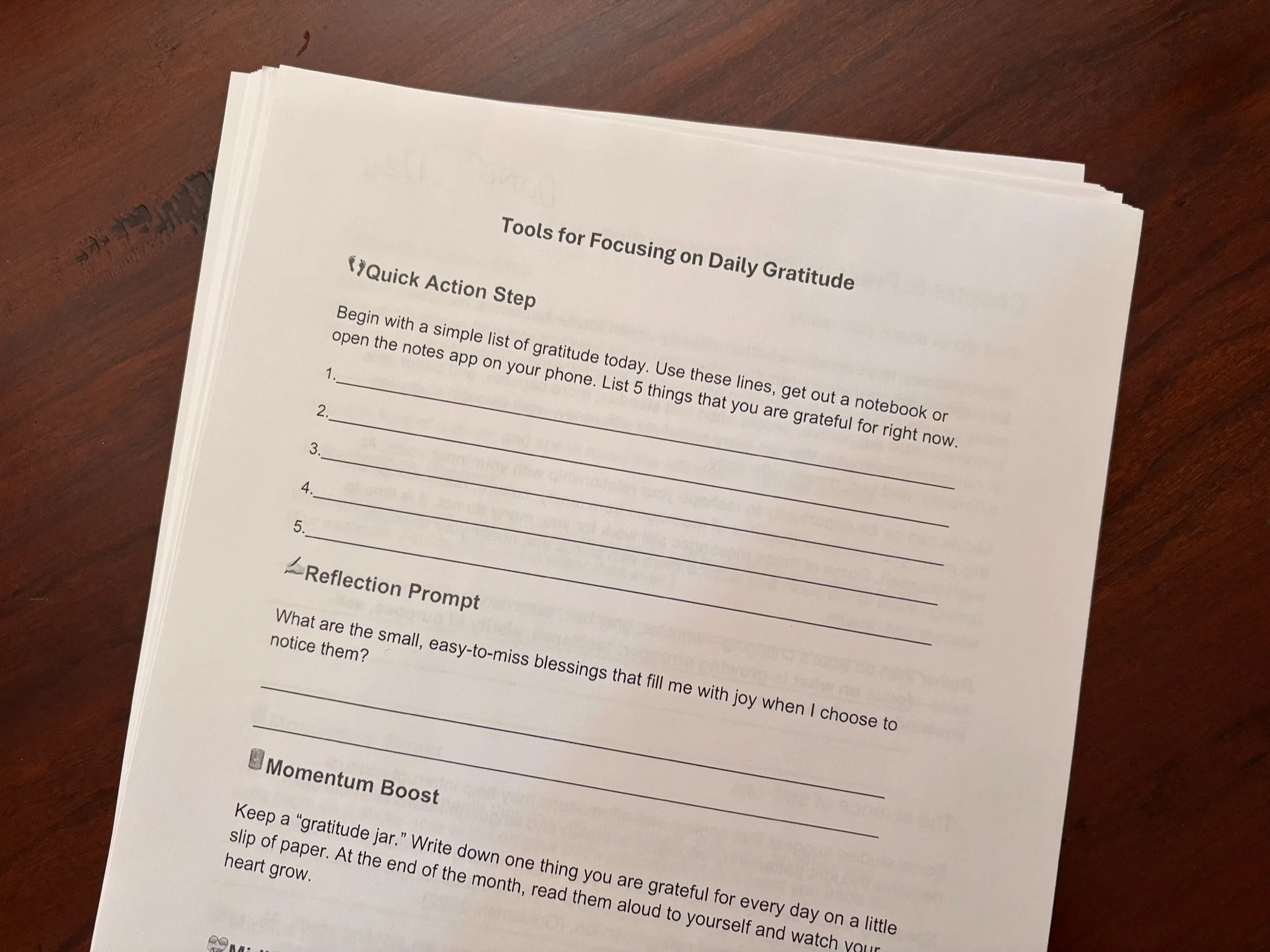 Page from a worksheet titled 'Tools for Focusing on Daily Gratitude' with sections on quick action steps, reflection prompts, and tips - part of the materials participants get with Dr Wendy Jordanov's online sessions.