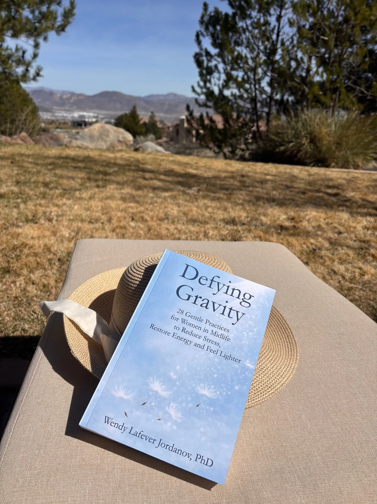A book titled 'Defying Gravity' by Wendy Lafever Jordanov, PhD, rests on a beige lounge chair with a woven sun hat next to it, outdoors in a grassy area with mountains and trees in the background on a sunny day.