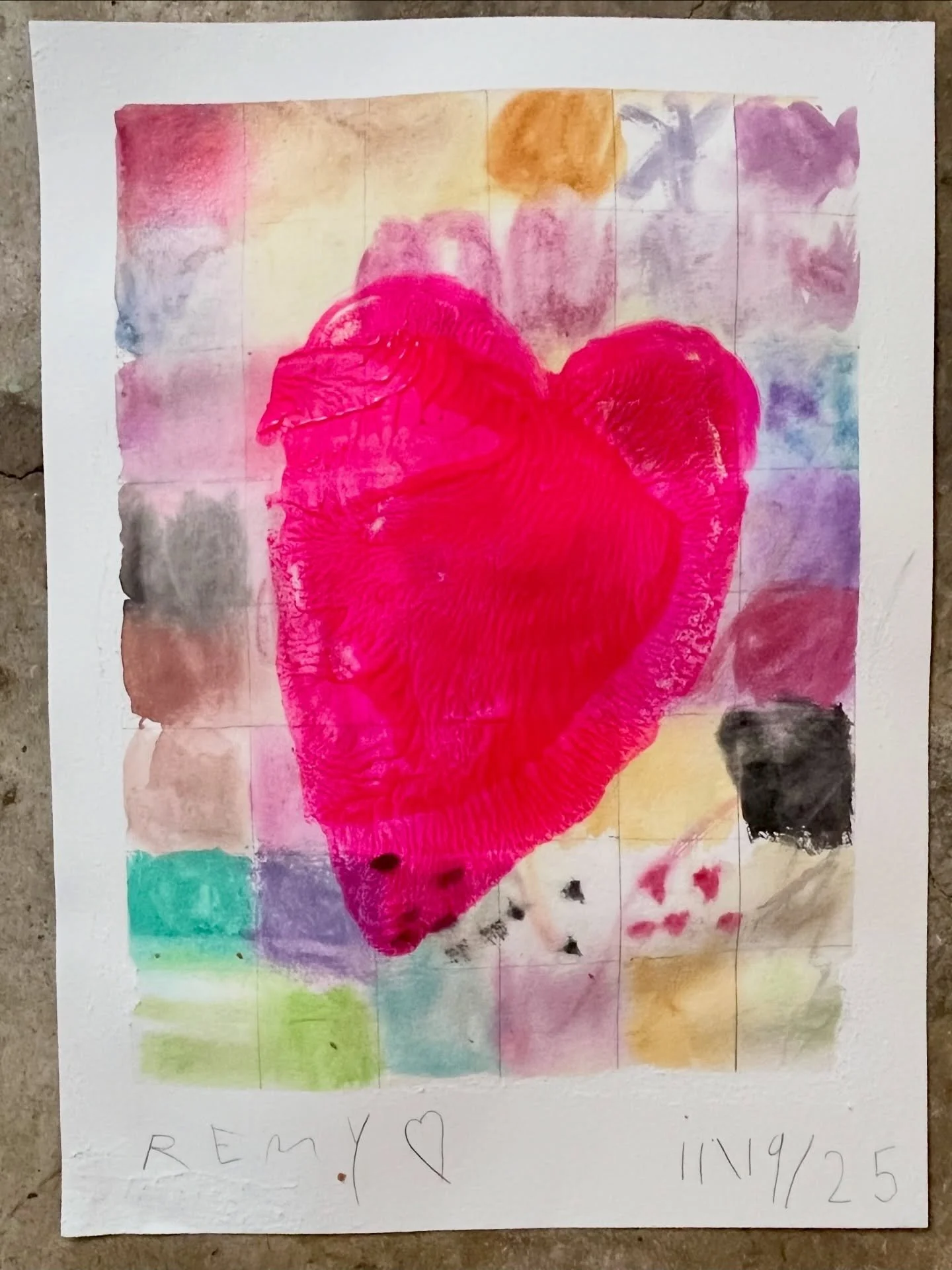 Watercolor experiment grid with a monoprint heart on top 🩷