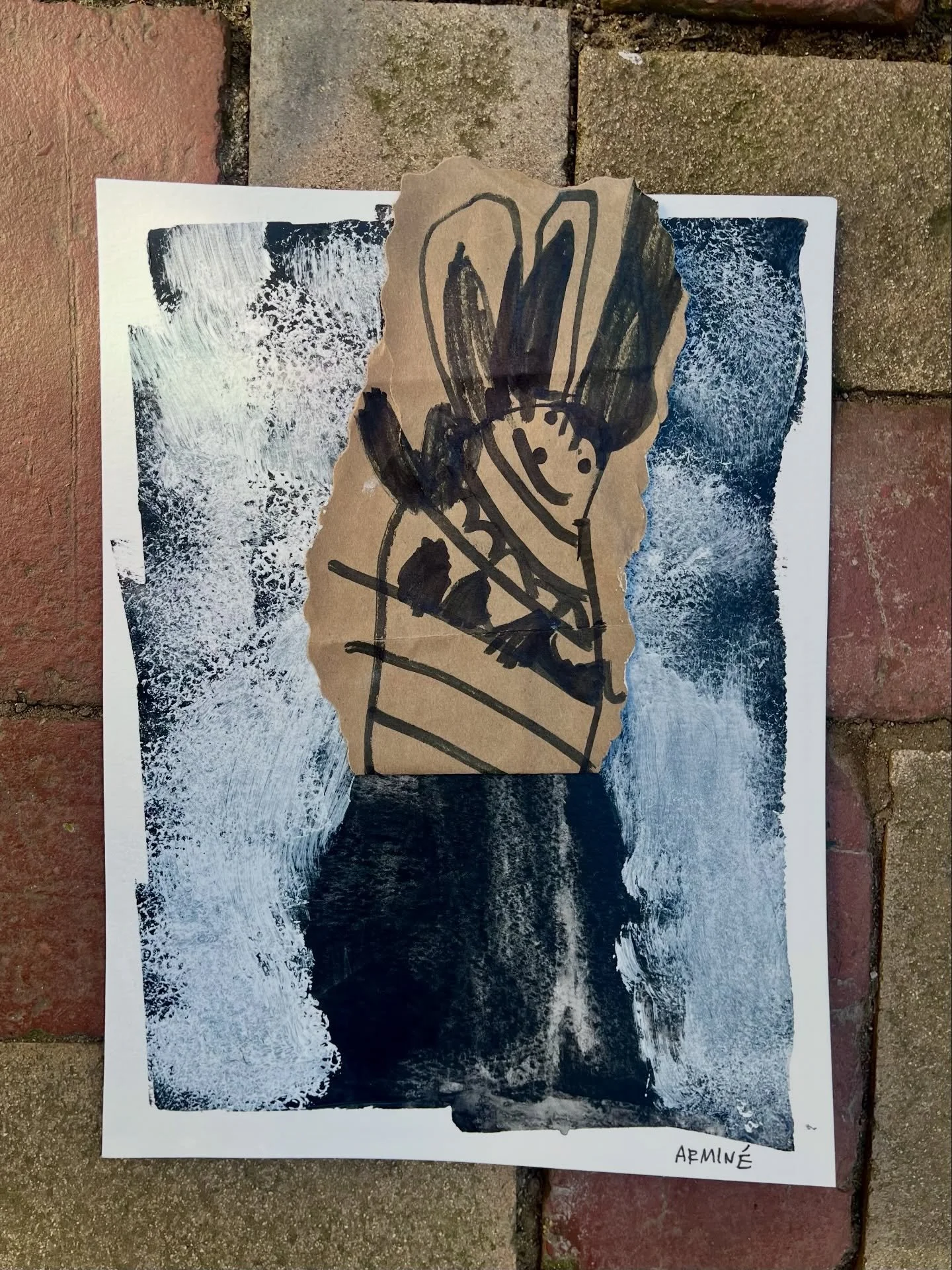 &ldquo;Groundhog sees its shadow in the snow.&rdquo; Marker, shopping bag, training scissors, glue stick, sponged tempera paint on monoprint.