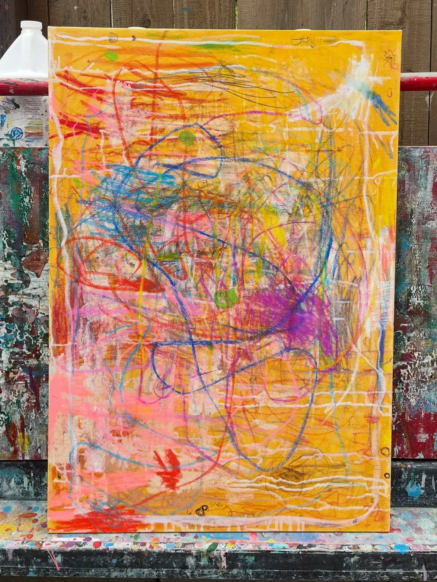 Collaborative canvas for preschool gala live auction. Acrylic paint, oil pastel, tempera paint, chalk pastel, colored pencil, flare pen. Made step by step by 14 kids ages 3-5.

&ldquo;It took me four years to paint like Raphael, but a lifetime to pai