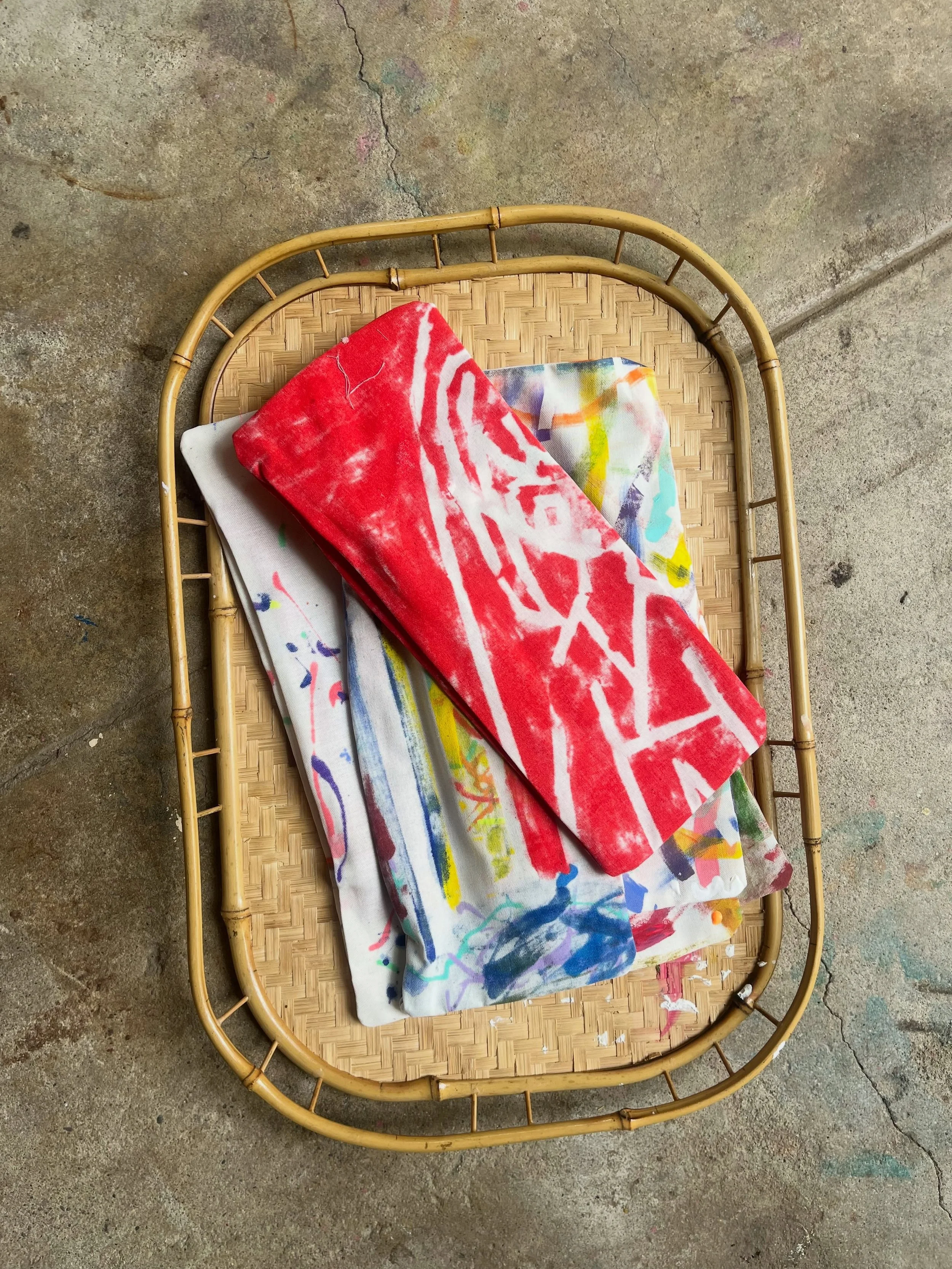More from our pencil pouch project. First, we designed our own textiles with fabric paint, puff paint and washi tape resist. A fun surprise was how cool the fabric backsides looked! Each kid decided how to orient the fabric for their pouch. The kids 