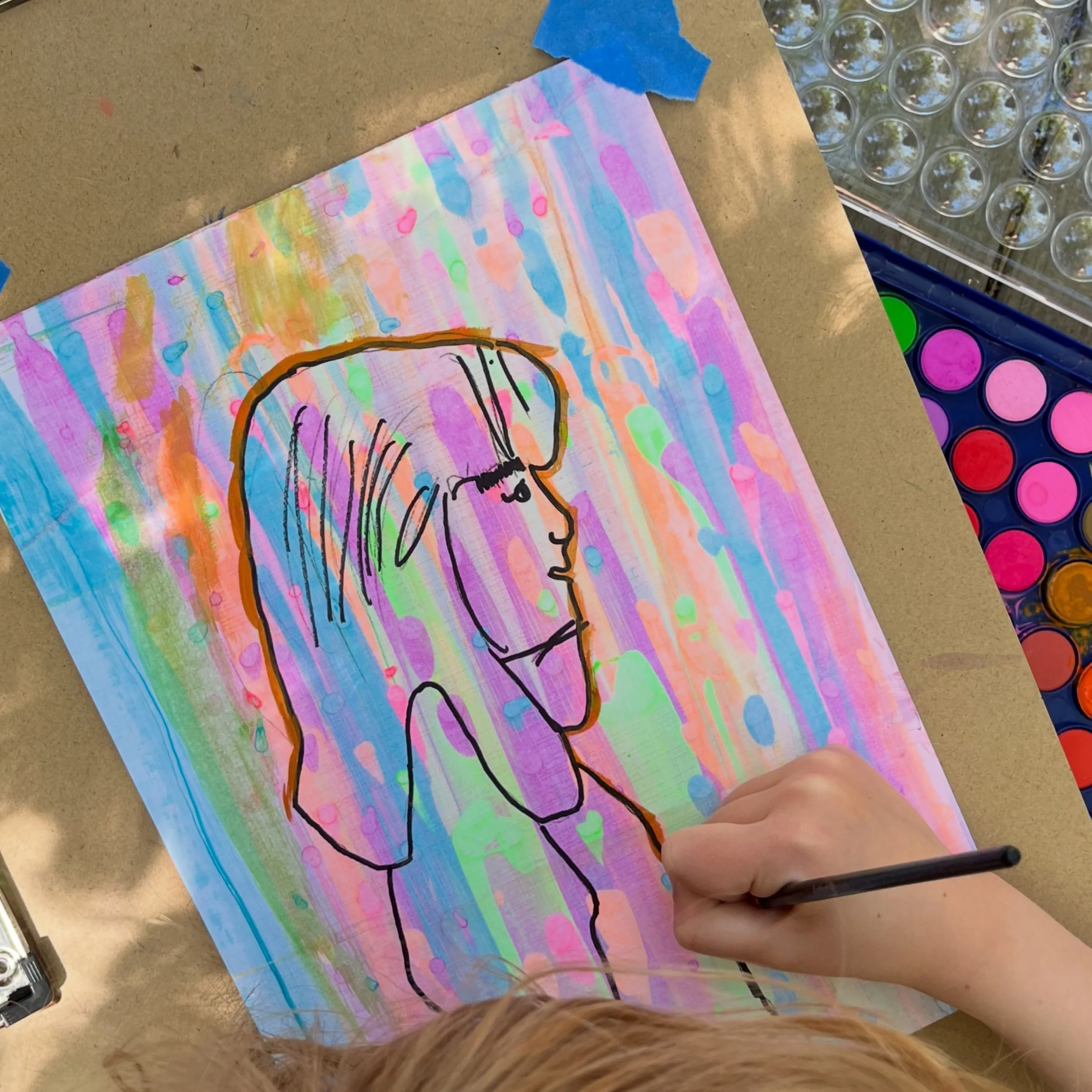 Groovy self portraits for the end of the school year! 🌼🌀☮️✌️🌈 because everyone feels bright wacky and ready for summer. squeegee marbled paper for the background, (shoutout to @ikea for the best supplies), printed profile photographs, carbon trans