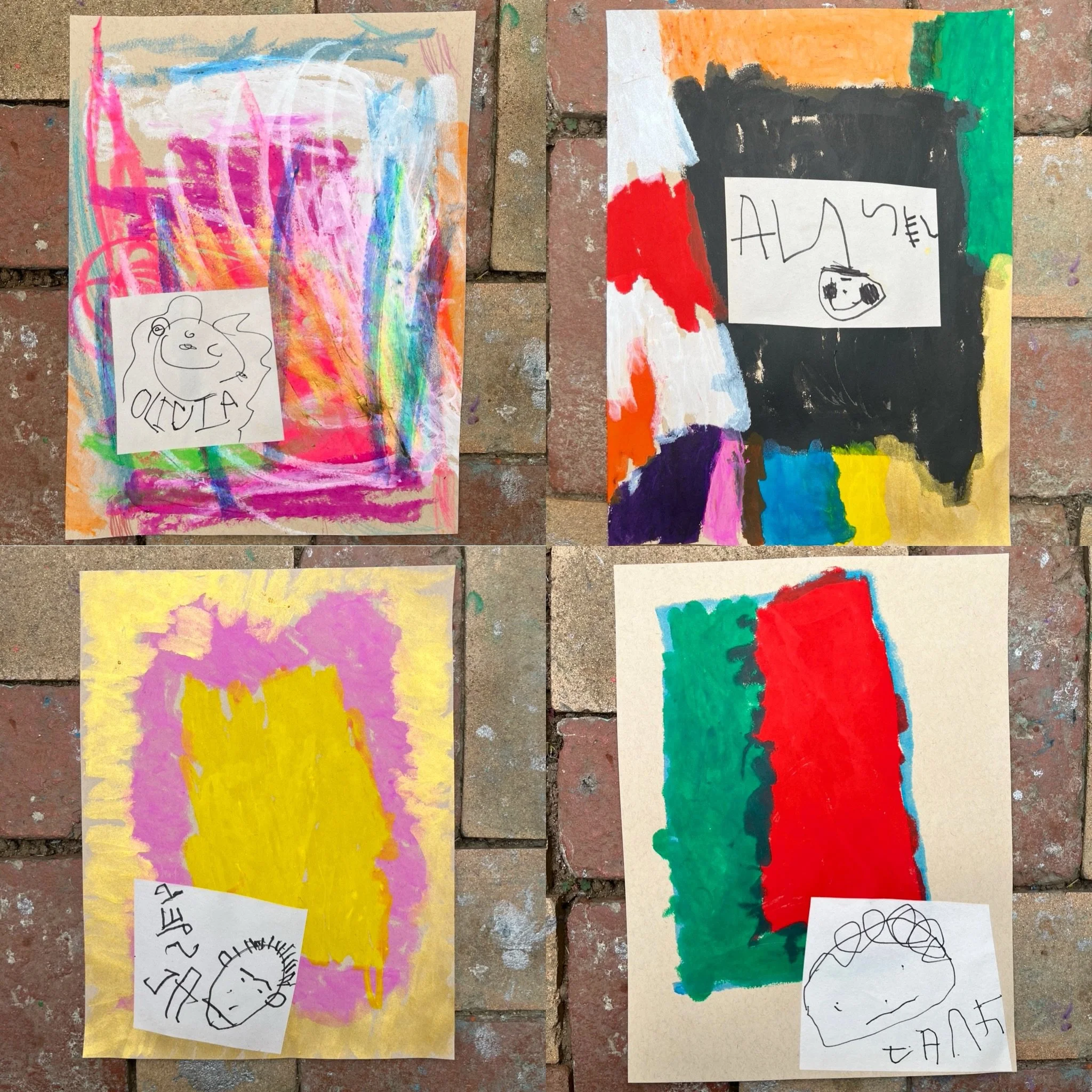 Preschool self portraits. How do you feel? Talking about colors and feelings, while practicing (and memorializing!) faces and name writing at the end of the year. Tempera sticks on toned paper, felt pen on newsprint.