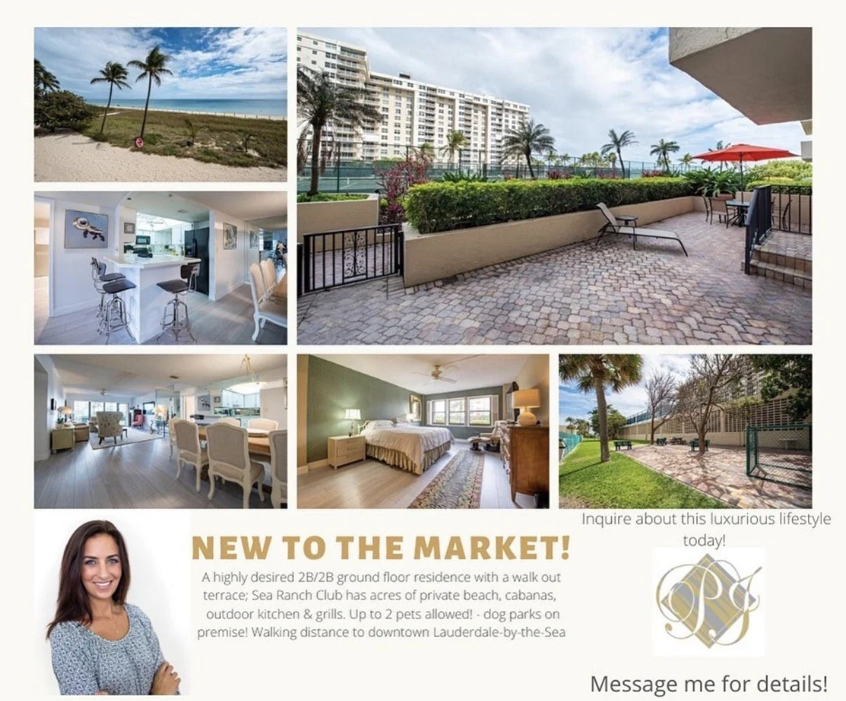 Collage of images showcasing a luxurious beachfront residence with views of the private beach, lounge areas, a modern kitchen, a spacious living room, a bedroom, and outdoor patios, along with a woman smiling and the text promoting the property for sale.