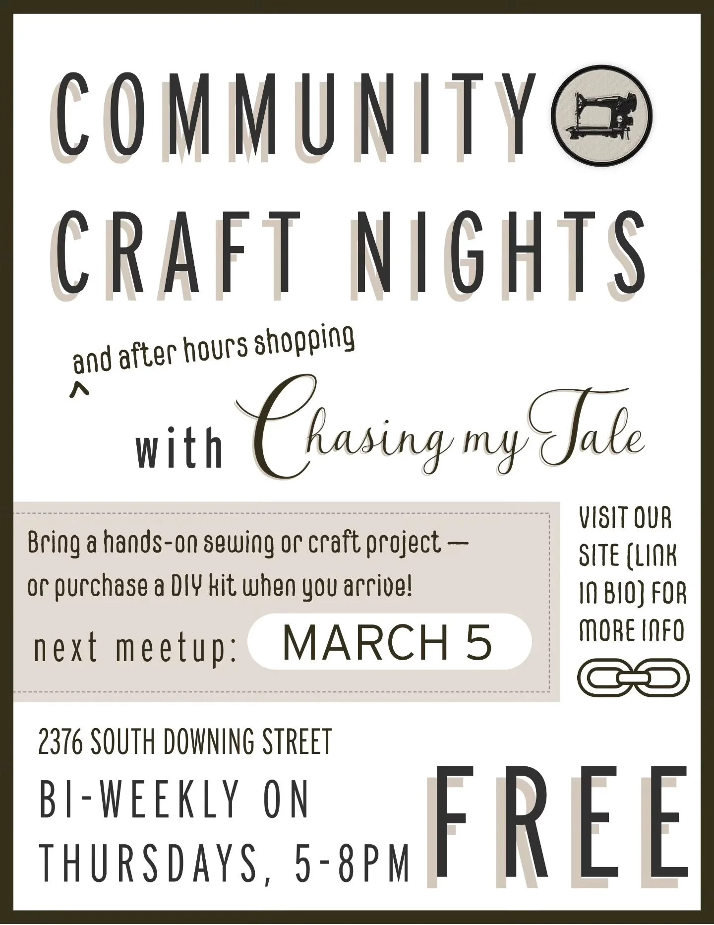 Extended hours every other Thursday at our Shops at South Downing! Bring hands-on projects to craft in our space and/or enjoy some extra time to shop after hours at Chasing My Tale and our Garden department next door @fernandloisdenver ✨️
