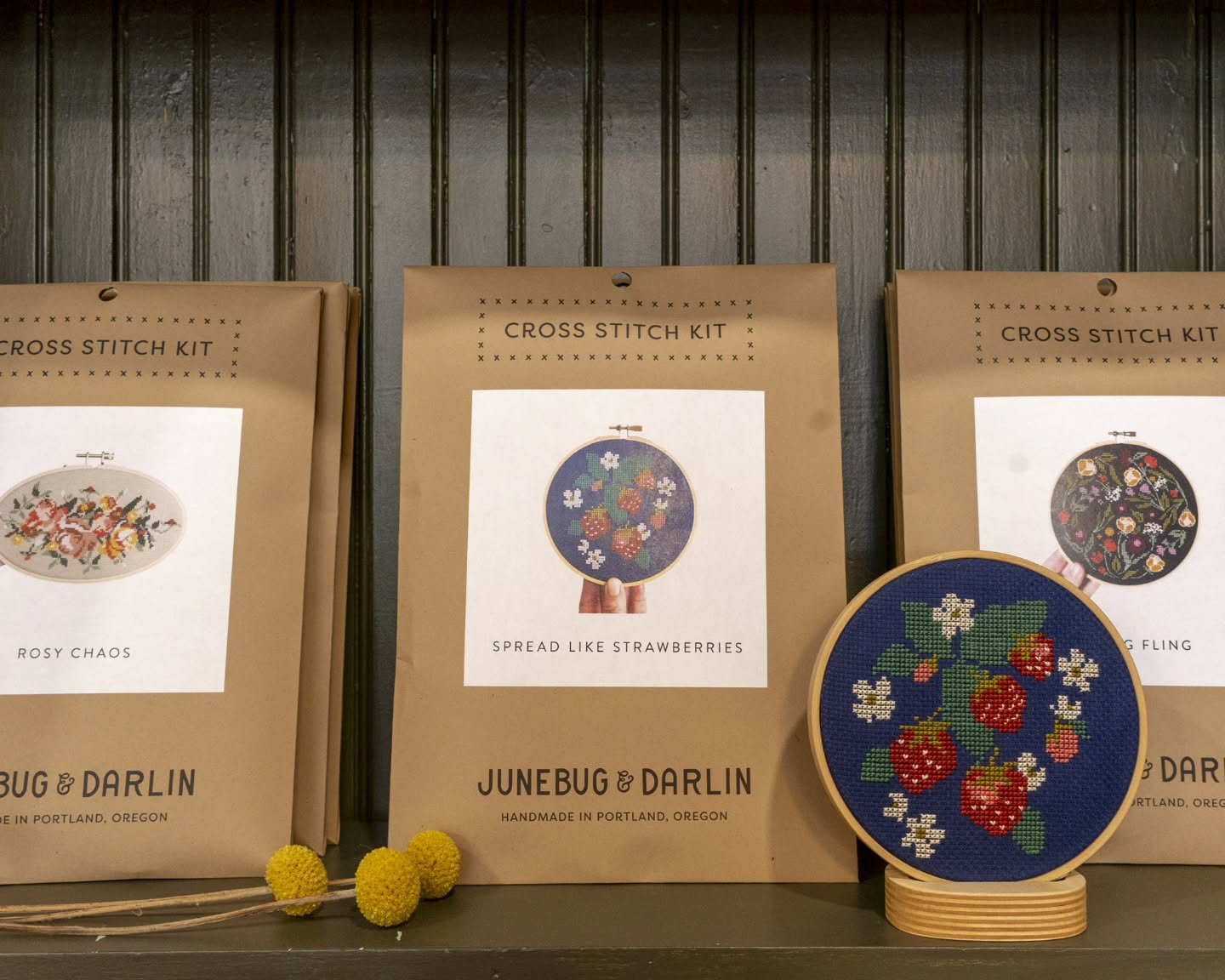 New in the shop! All-in-one beginner and intermediate level modern cross stitch kits from @junebuganddarlin!

We carry 4 of their flora &amp; fauna designs:

🔴 Spread Like Strawberries (sample pictured)
🔴 Rosy Chaos
🔴 Spring Fling 
🔴 Moths

Handm
