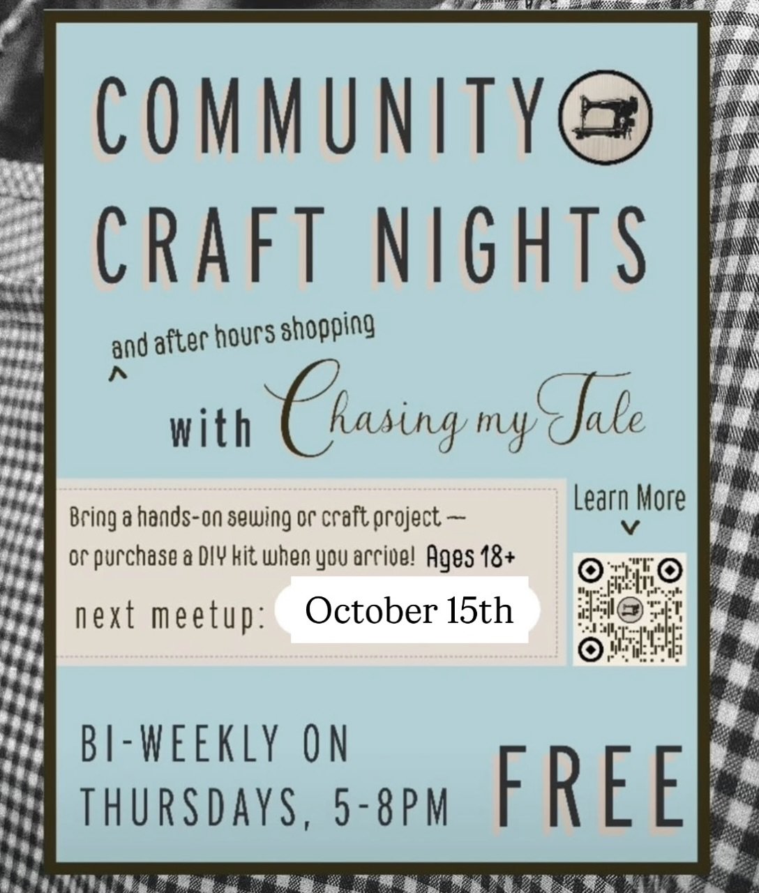 Our next Community Craft Night is this Thursday! 🧵🧶🧵🧶🧵🧶