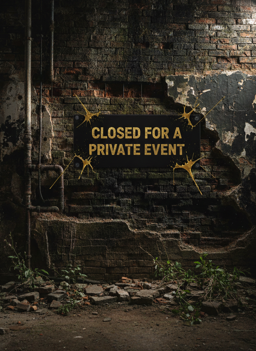 A weathered brick wall with a sign reading "Closed for a Private Event" and some overgrown plants in front.